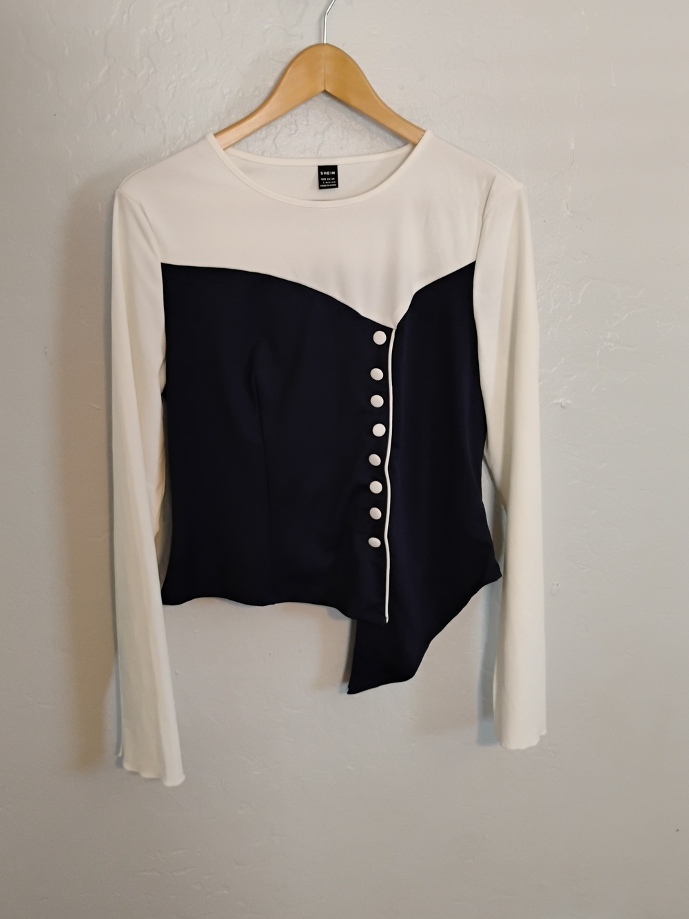 SHEIN Navy and Cream Two-Tone Buttoned Long-Sleeve Top Size L